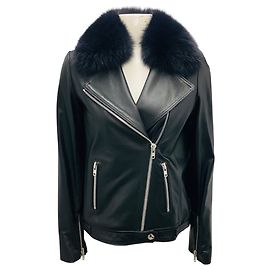 Autre Marque Giacca in pelle di vitello foderata in shearling con bordo in pelliccia di volpe nera di Samantha Sipos