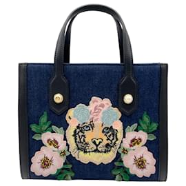 Gucci Tote Bag aus dunkelblauem Denim mit Perlenverzierungen und Tigerstickerei