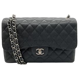 Chanel 2013 Schwarze Kaviar-Leder Doppelklappen-Schultertasche