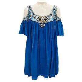 Robe mini en soie chiffon avec embellissements en perles bleues à épaules dénudées de Temperley London