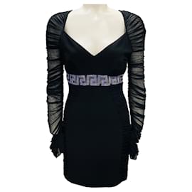 Vestido de cóctel mini de malla negra / púrpura adornado con cristales Versace