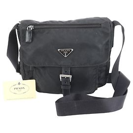 Borsa a tracolla in nylon nero con logo Prada e fibbia