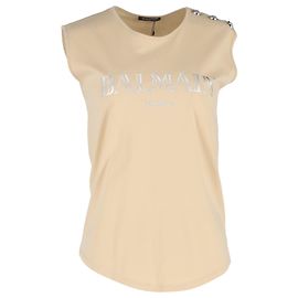 Canotta in cotone beige con stampa logo Balmain