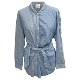 Gestreifte Iris & Ink Hemd mit Knöpfen und Taillengürtel aus blauer Baumwolle