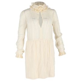 Vestido Mini em Lamé Listrado Saint Laurent em Seda Creme