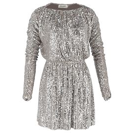 Vestido mini com decote barco em poliéster prateado com lantejoulas Saint Laurent