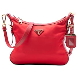 Prada Rosso Saffiano Rifinito Tessuto Borsa a Tracolla con Zip