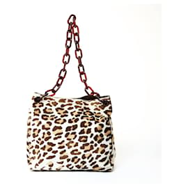 Bolso de cadena de cuero marrón con coleta y estampado de leopardo de Prada