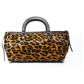 Borsa a mano in pelle di pony con stampa leopardata marrone Prada