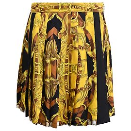 Falda mini plisada en poliéster dorado con estampado barroco Moschino Couture