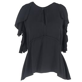 Theory Desiraya Ruffled Cold Shoulder Blouse in Black Silk