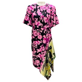 Rosa / schwarze mehrfarbige Seiden-Midikleid von Dries Van Noten
