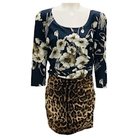 Robe mini en soie noire à imprimé floral multicolore et léopard de Dolce & Gabbana