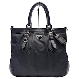 Borsa tote in nylon nera (rifiniture in pelle di vitello) - Prada