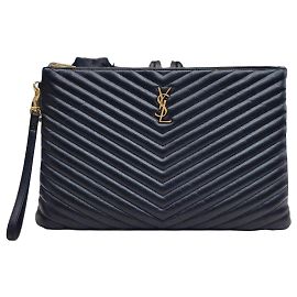 Saint Laurent Clutch grande in pelle di vitello trapuntata nera con finiture dorate
