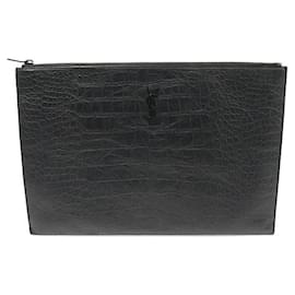 Saint Laurent Clutch Document Holder Monogram in Pelle Coccodrillo Nera