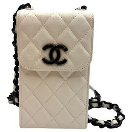 Chanel Borsa a tracolla con catena per telefono classica Caviar Season bianca