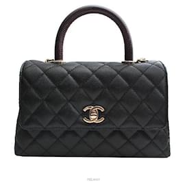 Coco Handle Medio Nero Caviar Lucertola Interno Champagne Oro Con Chip - Chanel