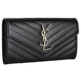 Saint Laurent Monogram Flap Long Wallet Gold Black