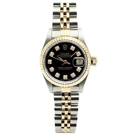 Rolex Datejust Damenuhr mit schwarzem Zifferblatt und nachträglich eingestellten Diamanten