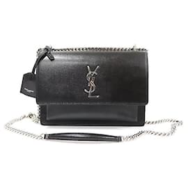 Saint Laurent Borsa a spalla media in pelle di vitello nera con catena argentata Sunset