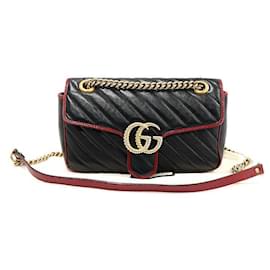 Gucci Black Red Matelassé Chevron GG Marmont Small Shoulder Bag