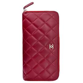 Chanel Cartera larga con cremallera de cuero de cordero acolchado plateado con logo CC para mujeres - Rojo