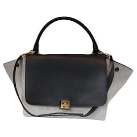 Borsa trapezio in pelle bicolore grigia e nera con fibbia dorata - Céline