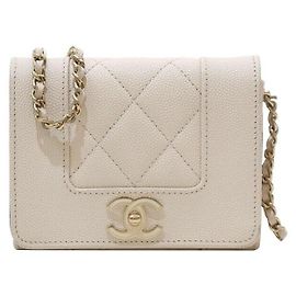 Chanel Mademoiselle Caviar Mini Bolsa de Corrente Cruzada Dourada Branca