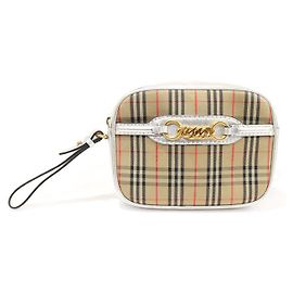 Burberry Borsa a cintura in pelle argentata con catena dorata
