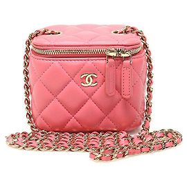 Chanel Mini borsa a tracolla in pelle di agnello rosa con catena dorata e scatola classica per cosmetici