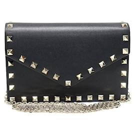 Valentino Mini Pochette Busta Rockstud in Pelle Nera Caviar con Catena Crossbody