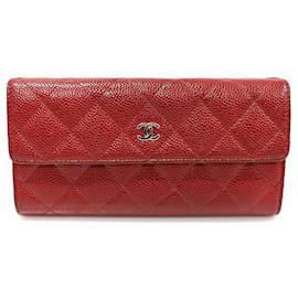 Chanel Cartera larga clásica atemporal en caviar rojo con logo CC plateado (No.
