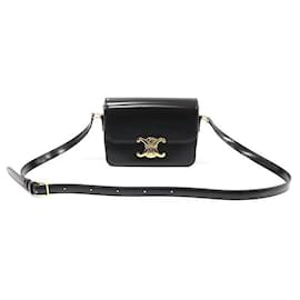 Borsa a Spalla Triomphe in Pelle di Vitello Nera Lucida con Finiture Dorate - Céline