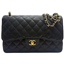 Chanel Borsa a spalla Caviar Classic grande nera e oro