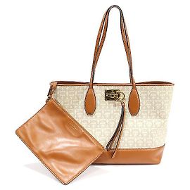 Salvatore Ferragamo Borsa a spalla Gancini Jacquard avorio in tono oro