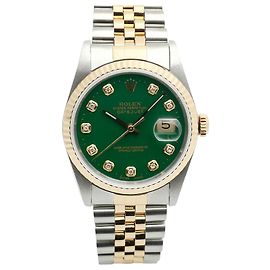 Rolex Orologio Combi Datejust da uomo con quadrante verde e diamanti Tenpoint dopo la regolazione