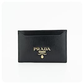 Tarjetero de cuero negro con lettering - Prada