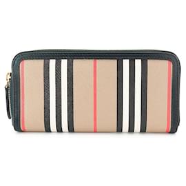 Cartera Larga Stripe ELLERBY de Cuero Negro y Lona con Cierre Redondo - Cartera Larga de Lujo - Burberry