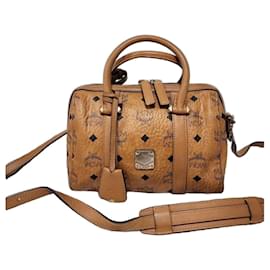 MCM Visetos Signature Leather Boston Bag Cognac