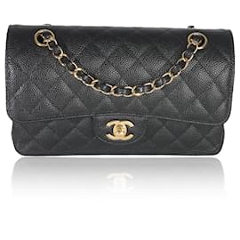 Borsa classica a doppio flap piccola in caviar nero trapuntato di Chanel