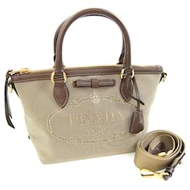 Bolso de mano Prada 1BA111 Marrón Beige Cuero y Lona