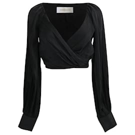 Zimmermann Langarm-Wickelcropped-Top aus schwarzer Seide
