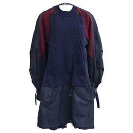 Vestido Mini de Efecto Capas en Lana Azul Marino Sacai