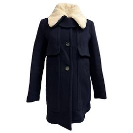 Claudie Pierlot Mantel mit Rundhalsausschnitt und geschorenem Kragen aus marineblauer Wolle