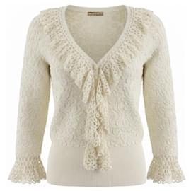Weißes Soutache Stretch Viskose-Top aus der Michael Kors Kollektion mit handgehäkeltem Besatz