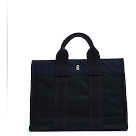 Borsa Tote Hermès Herline Toto PM Nero Blu Marino in Tela di Cotone