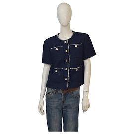 Chaqueta de Tweed Azul Marino de Manga Corta Chanel FR 42 | Botones Dorados | Hecho en Francia