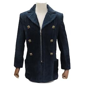 CHANEL REISSVERSCHLUSS JACKE GRIPOIX KNÖPFE P41564 M 38 RIPPENVELVET BLAU