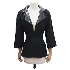 NEUEN CHANEL TAILLENJACKE MIT REISSVERSCHLUSS AUS LEDER P50250 GRÖSSE 36 SCHWARZES TWEED WOLLE